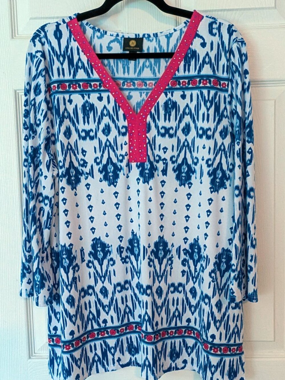 JM Collection XL Blue White Ikat Rhinestone Tunic Top